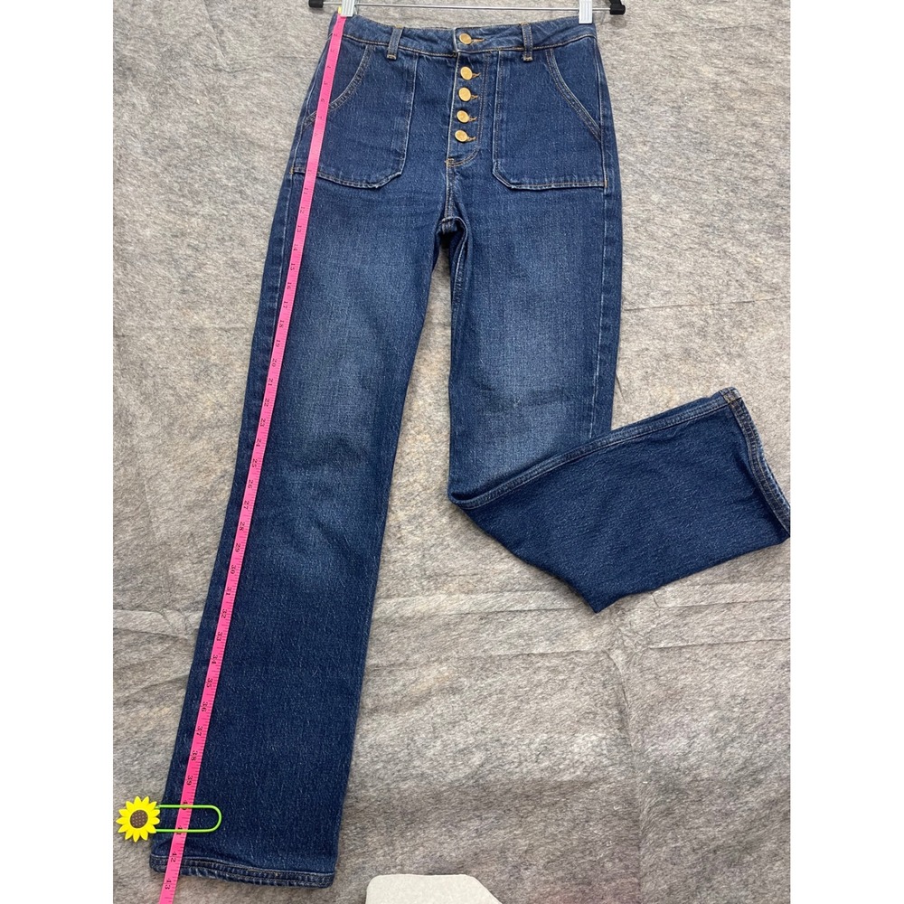 Zara Womens High Waisted Button Fly Straight Leg Patch Pocket Denim Jeans Blue - Picture 6 of 16